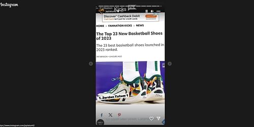 Jayson Tatum shared Pat Benson's top basketball shoe report on his Instagram story.