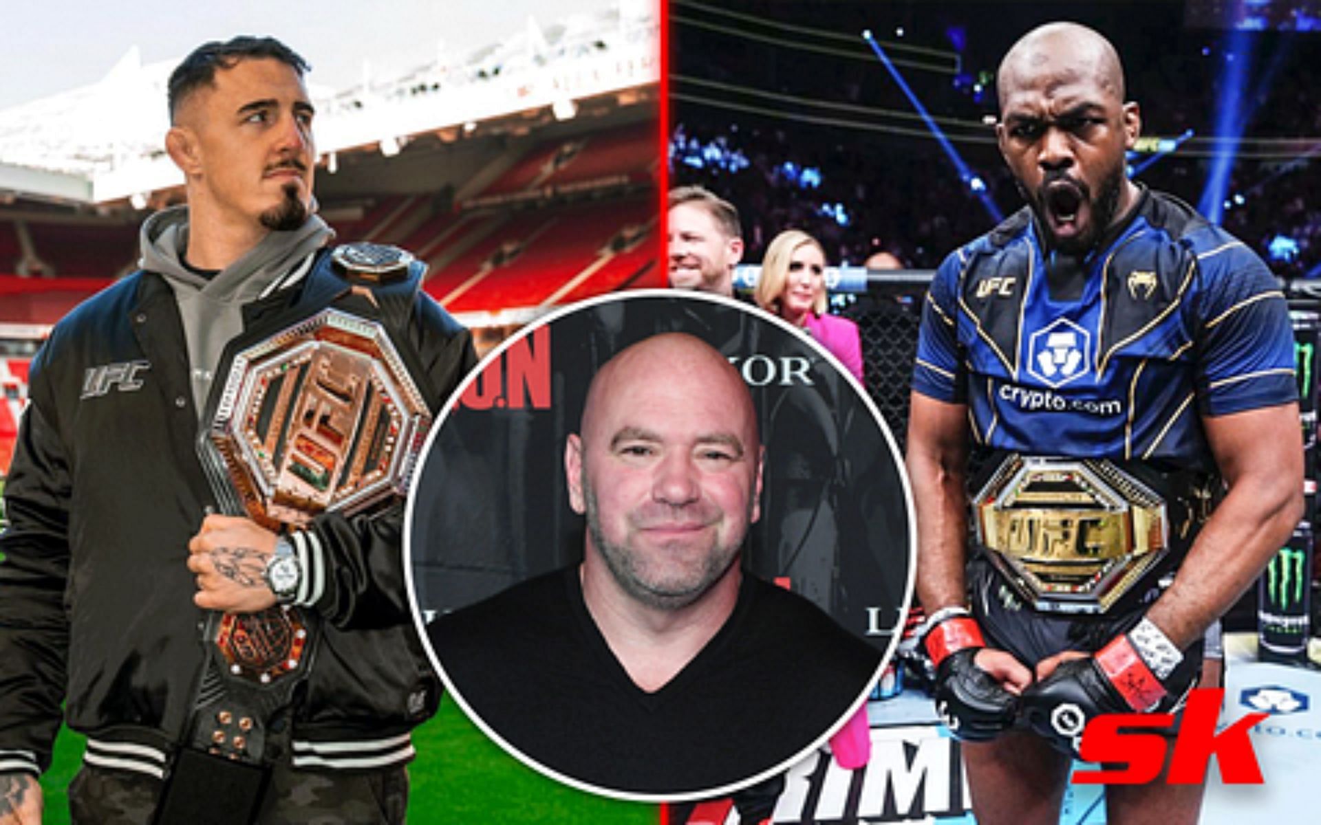 From left to right: Tom Aspinall [image courtesy of @tomaspinallofficial/Instagram], Dana White [image courtesy of Getty Images], Jon Jones [image courtesy of @SmackdownLayer/Twitter]