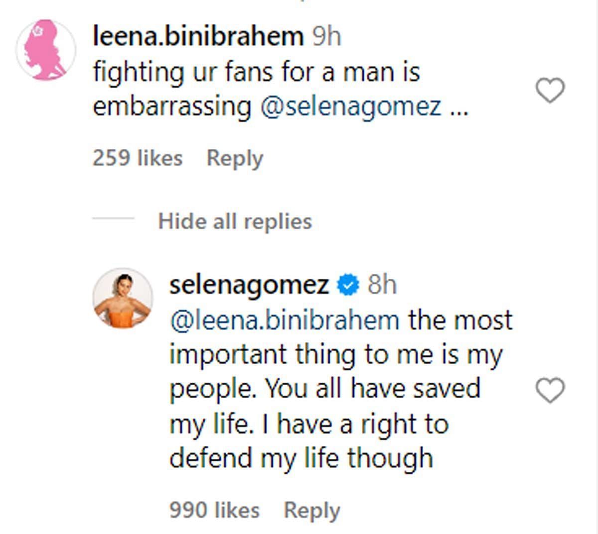 Selena reacting to the comments (Image via Instagram/ @leena.binibrahem, @selenagomez)