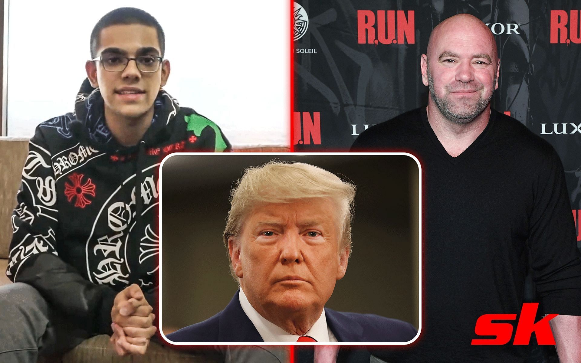 N3on (left) apologizes to Donald Trump (inset) and Dana WHite (right) [Image via: Getty Images and @jedigoodman on X] 
