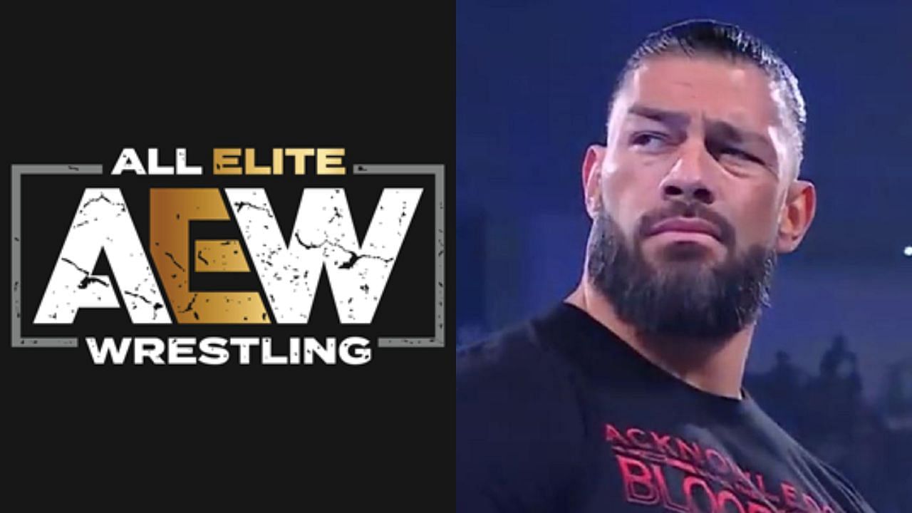 AEW logo (left) and Roman Reigns (right)