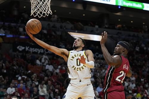 Indiana Pacers star point guard Tyrese Haliburton (left)