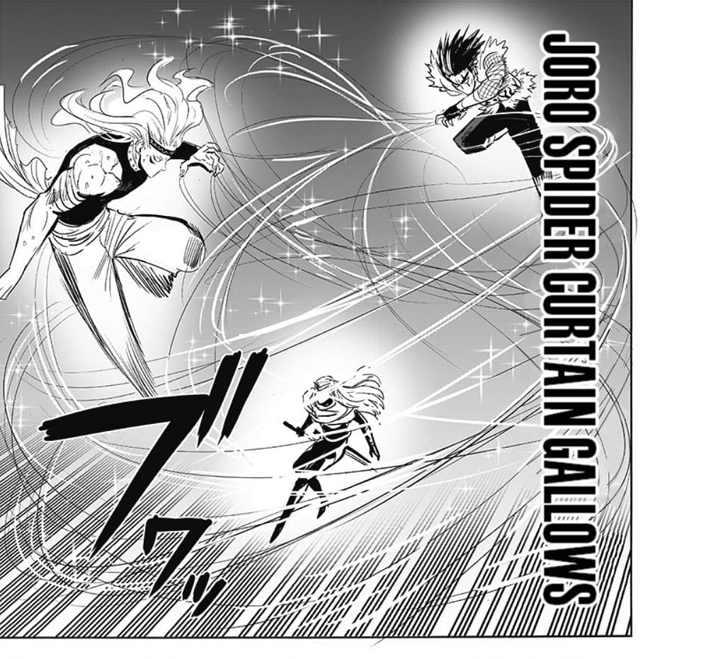 Flash dodges Flame and Wind&#039;s Joro Spider Curtain Gallows (Image via Shueisha/Yusuke Murata and ONE)