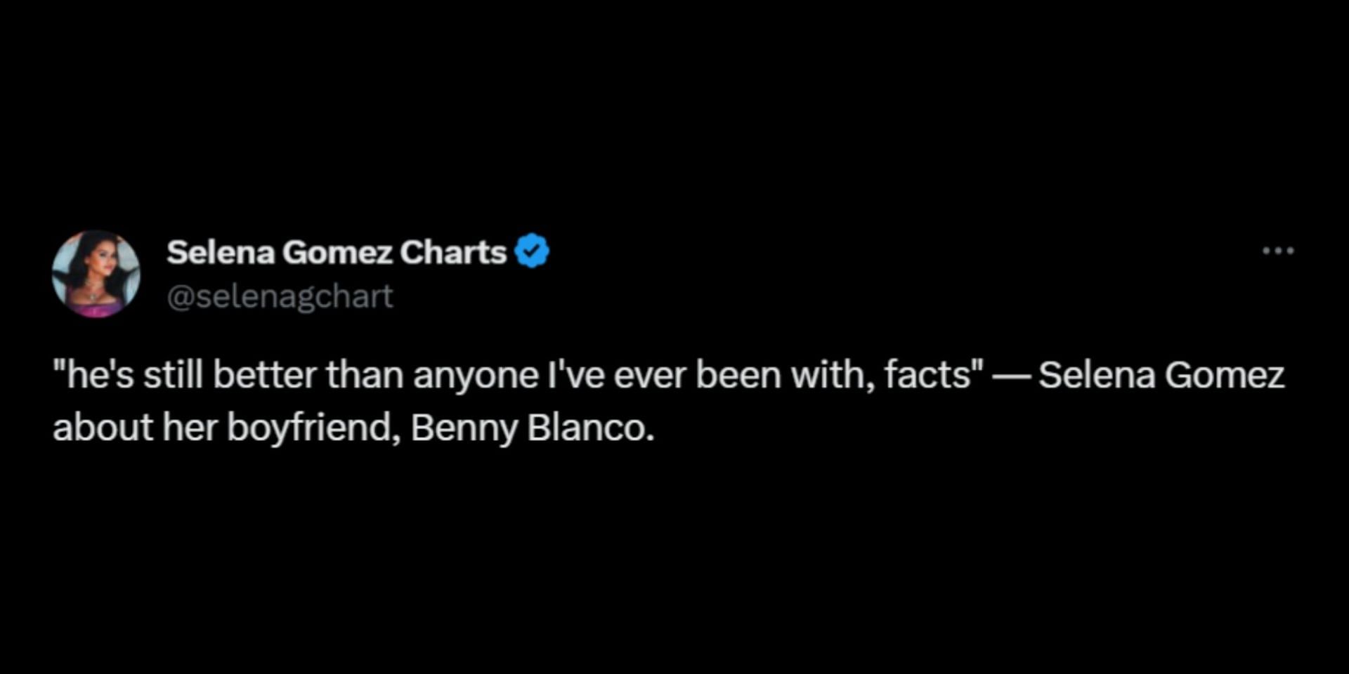 Selena Gomez defended her relationship with Benny Blanco in the past few days. (Image via X/Selena Gomez Charts)