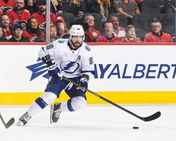 Nikita Kucherov of the Tampa Bay Lightning in action against the Calgary Flames during an NHL game at Scotiabank Saddledome on December 16, 2023 in...