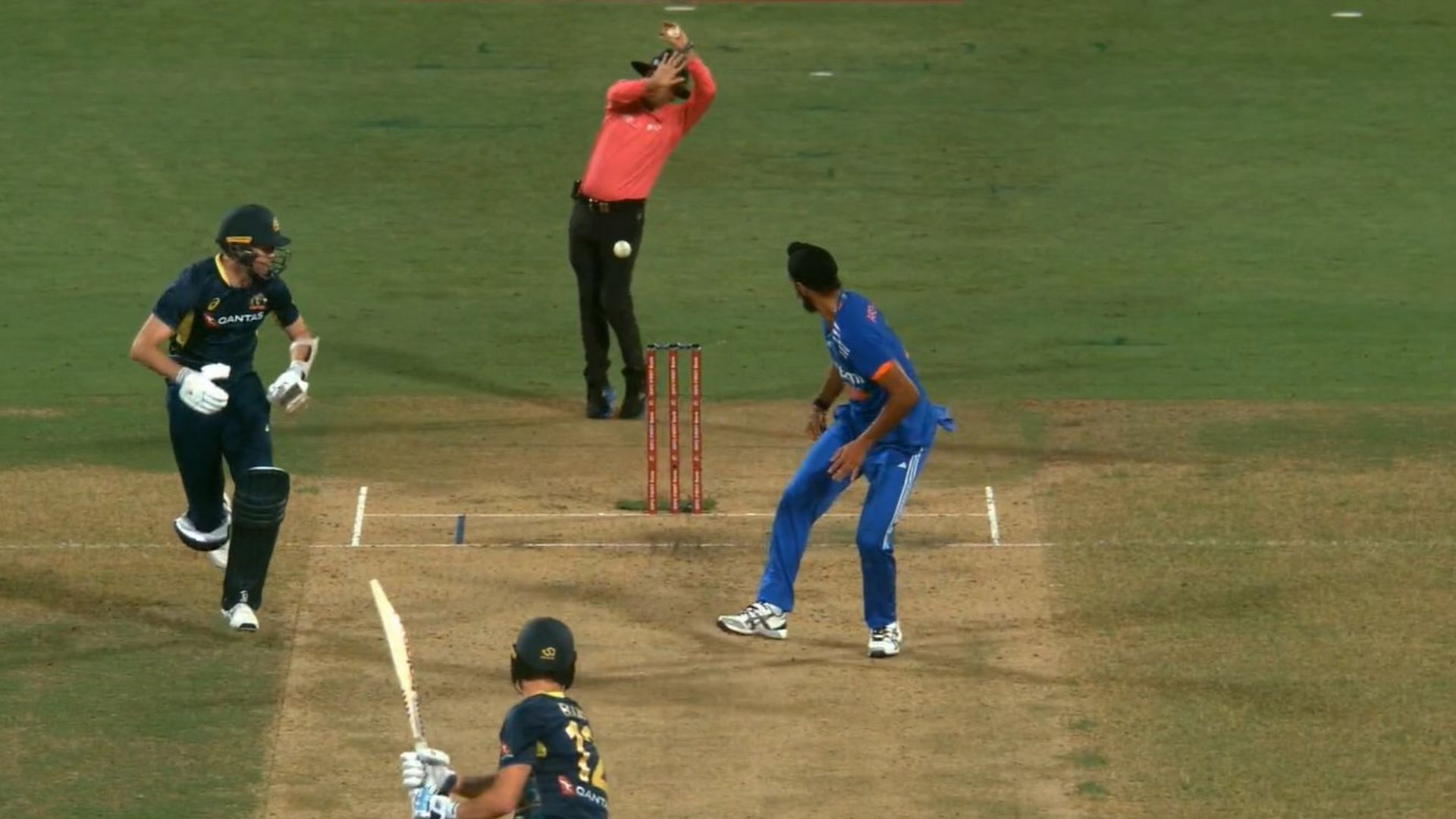 Nathan Ellis intended to hit the ball straight down the ground, but it hit the umpire (P.C.:Jio Cinema)