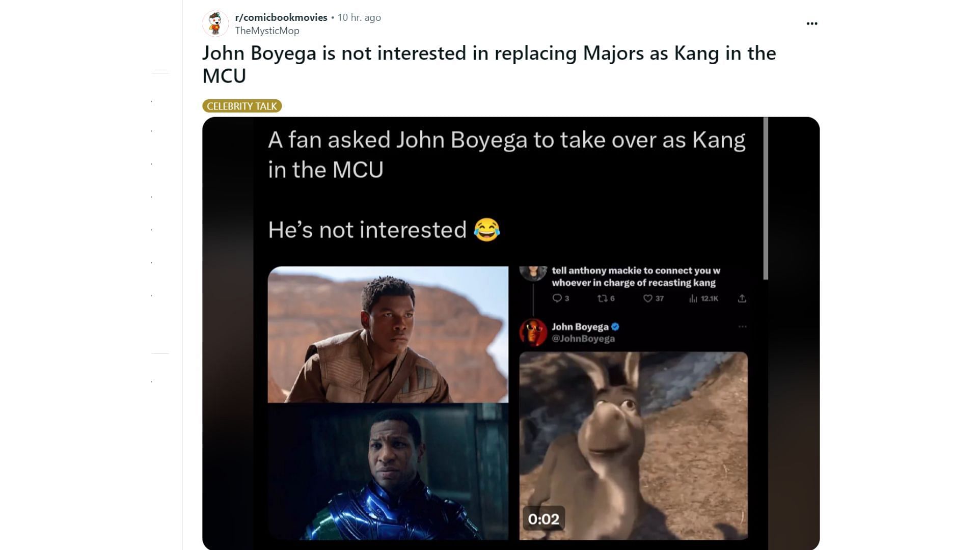 Boyega shares a funny meme to reply (Image via Reddit@TheMysticMop)