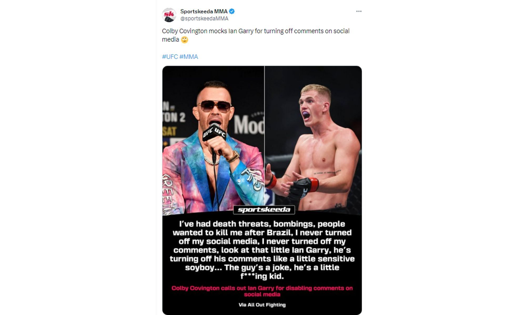 Tweet regarding Colby Covington&#039;s comments