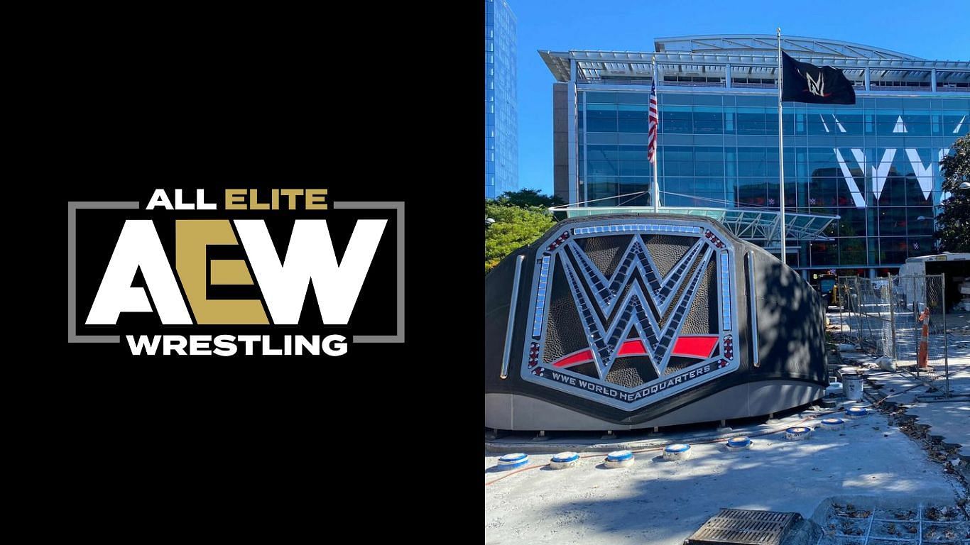 AEW logo (left), WWE Headquarters (right)