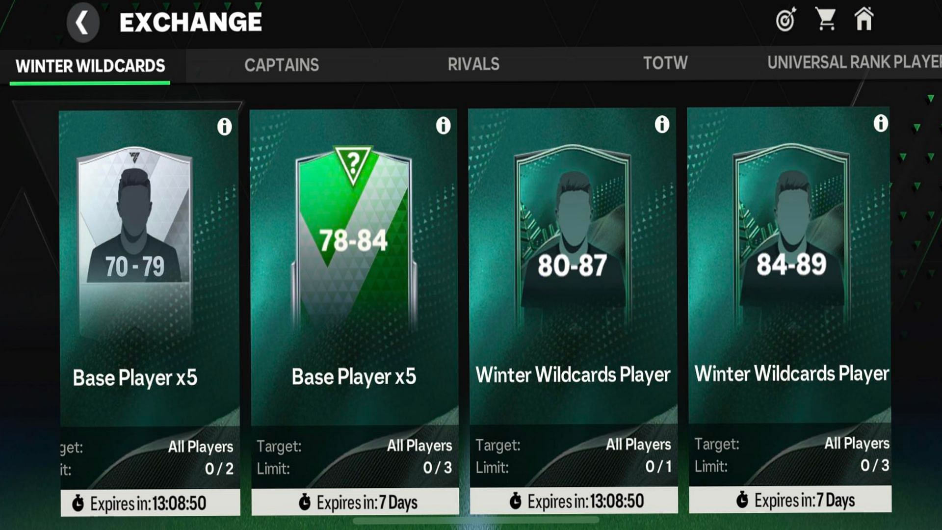 Snippet showing the available Winter Wildcards Exchanges (Image via EA Sports)