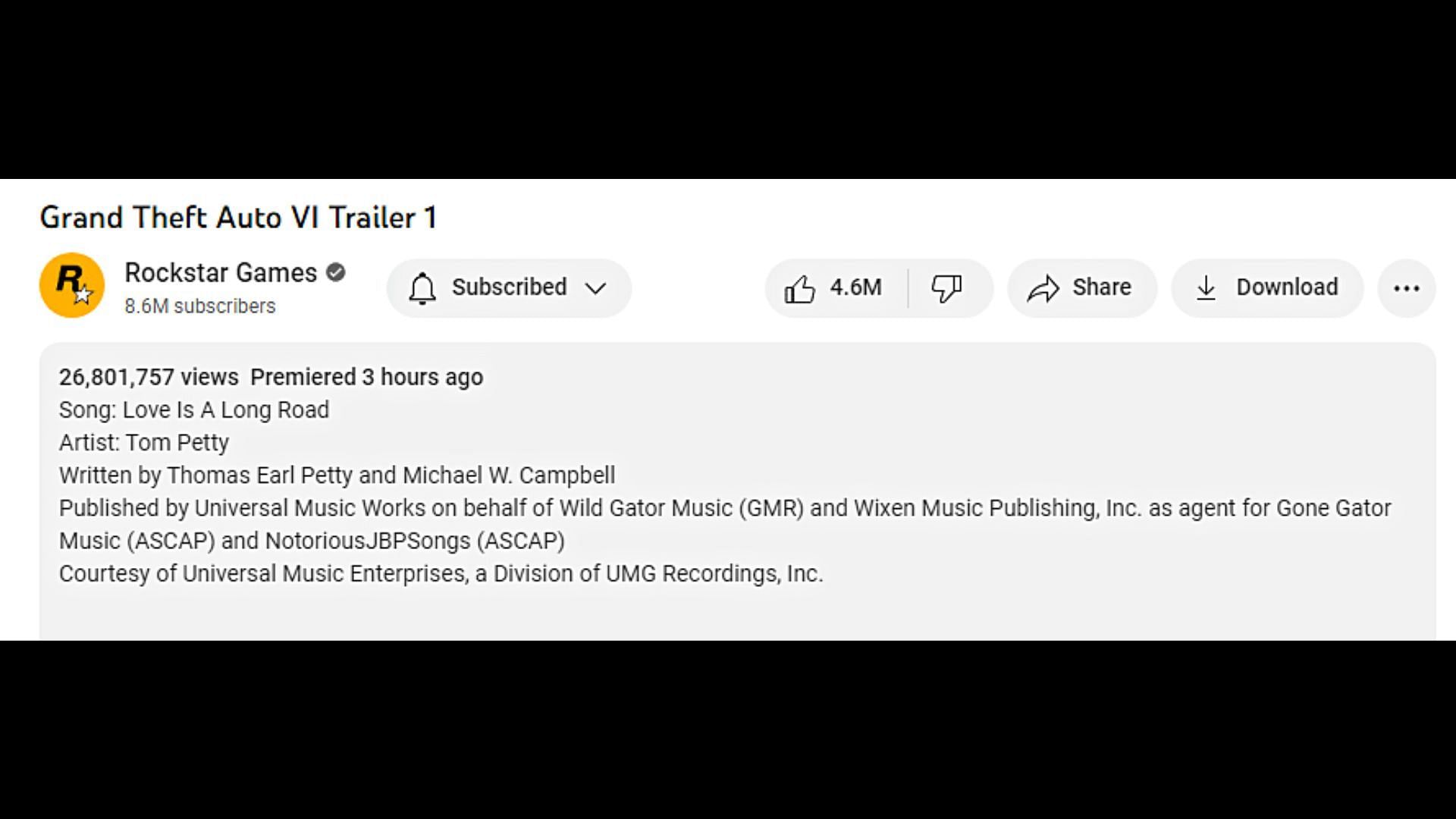 Rockstar has credited Tom Petty in the description of its next release&#039;s first trailer (Image via YouTube/Rockstar Games)