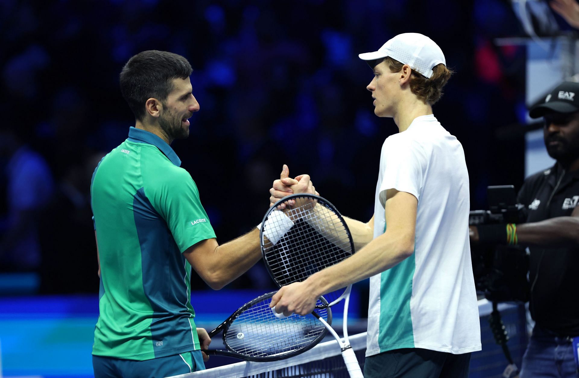 Novak Djokovic and Jannik Sinner at the 2023 Nitto ATP Finals.