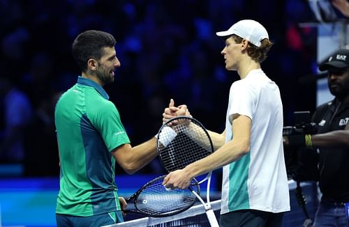 Novak Djokovic and Jannik Sinner at the 2023 Nitto ATP Finals.