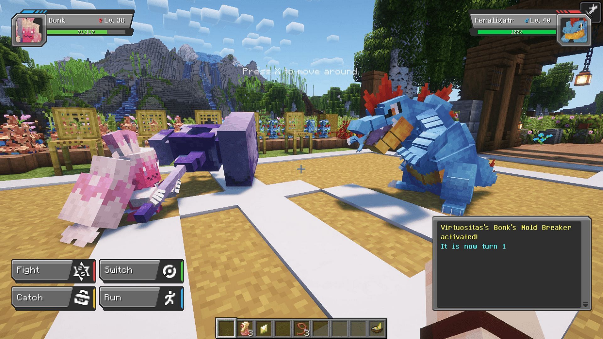 Tinkaton battles Feraligatr in the Cobblemon Minecraft mod (Image via Cobblemon/CurseForge)
