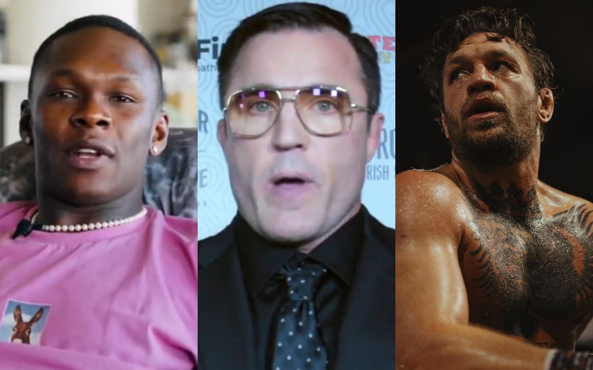 Chael Sonnen [Middle] believes that Israel Adesanya [Left] will headline UFC 300 instead of Conor McGregor [Right] [Image courtesy: @stylebender, @MMAJunkie, and @TheNotoriousMMA - X]