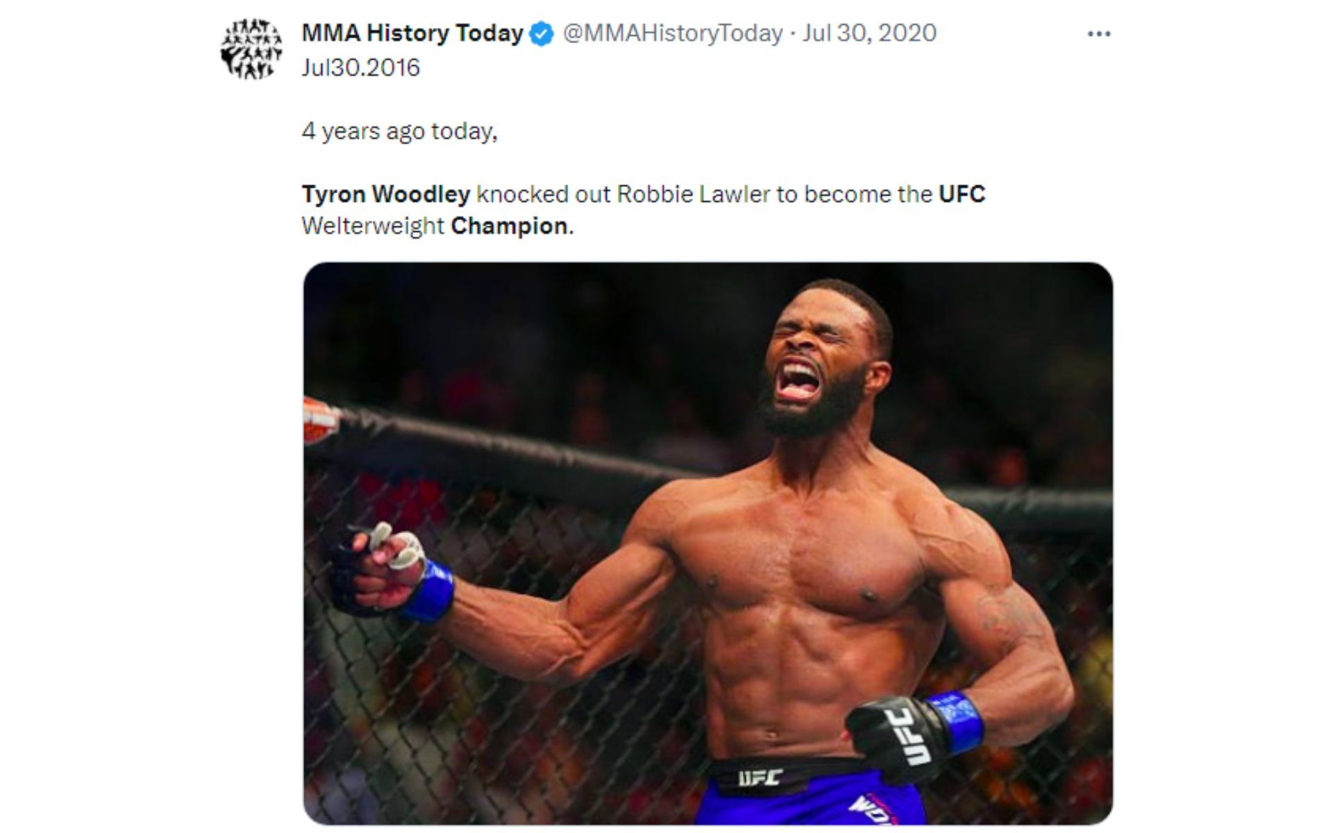 Tweet regarding Tyron Woodley's UFC welterweight championship win