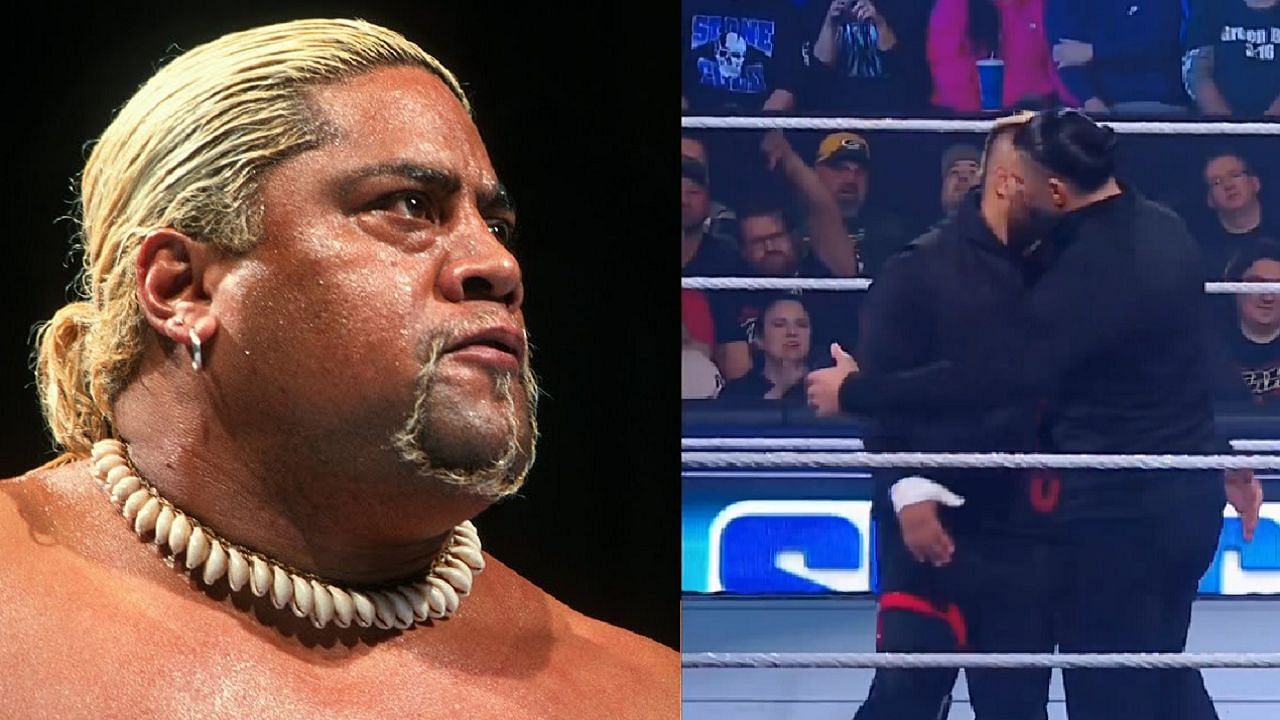 Rikishi (left); Reigns hugs solo (right)