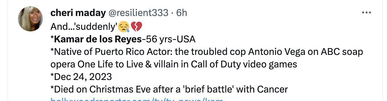 Social media users mourn the passing away of the actor, as he passed away at the age of 56 due to cancer. (Image via Twitter)