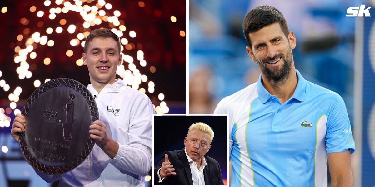 Hamad Medjedovic (L), Novak Djokovic (R) and Boris Becker (inset)