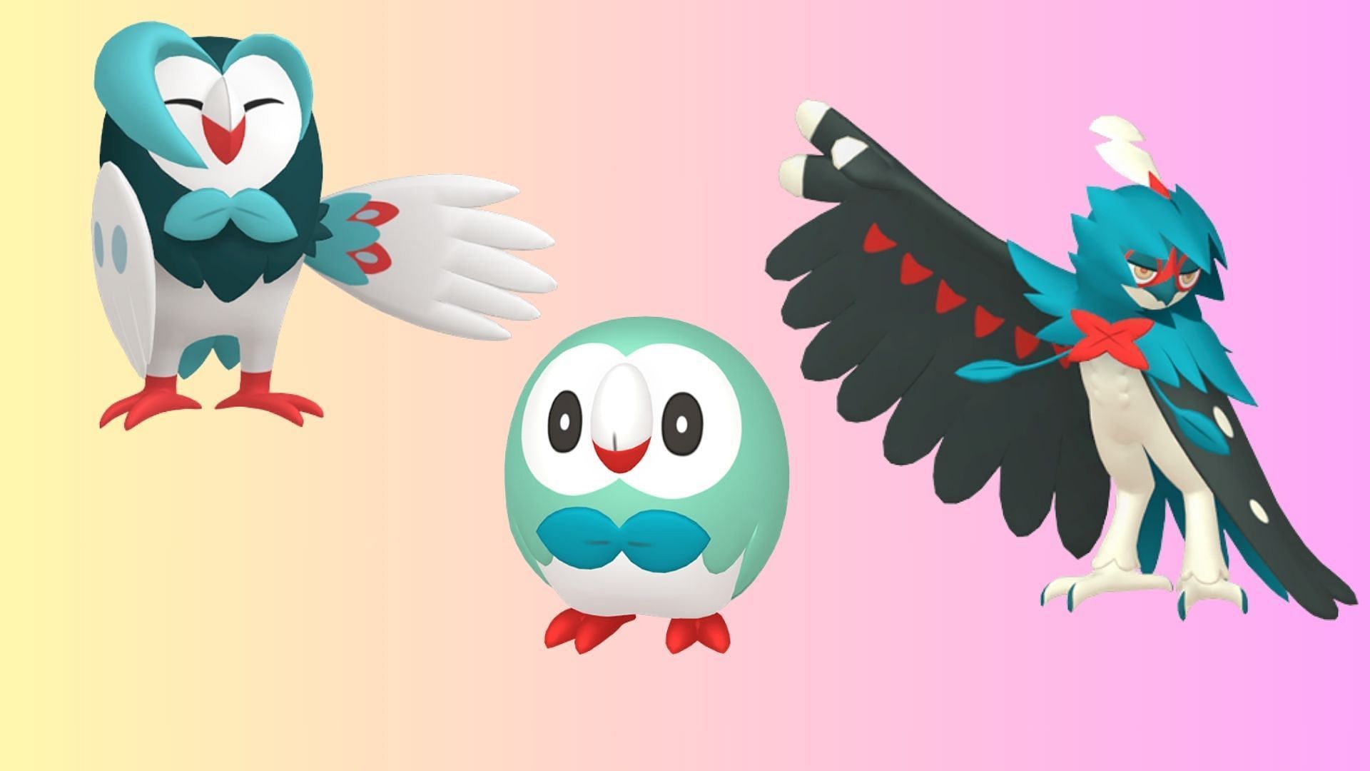 Preview of Shiny Rowlet, Shiny Dartrix, and Shiny Decidueye (Image via The Pokemon Company)