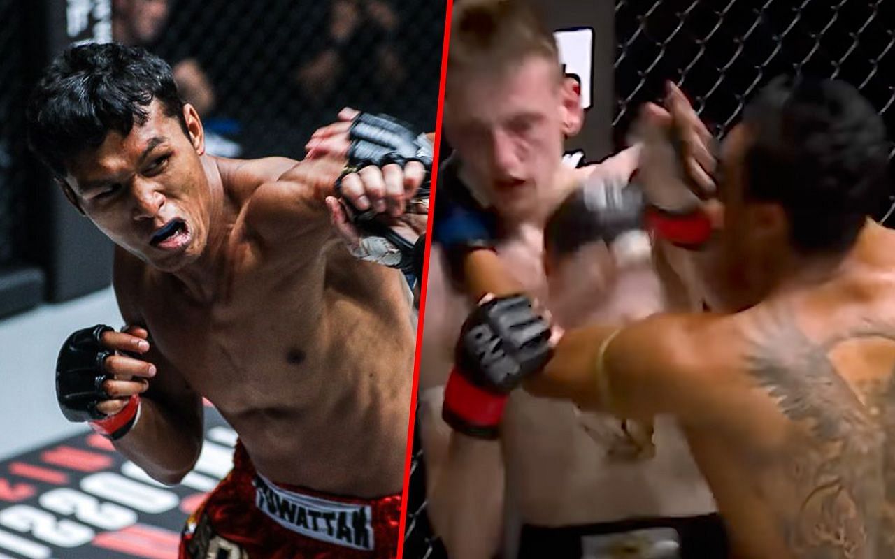 Jo Nattawut (left) and Nattawut fighting George Mann (right)