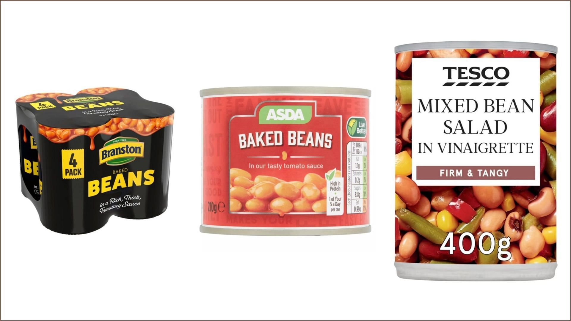 The recalled canned bean products may contain rubber balls (Image via FSA/Branston/Asda/Tesco)