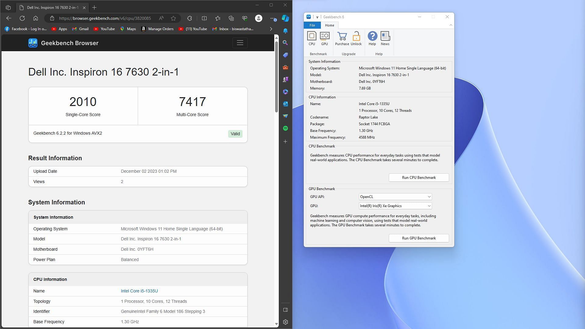 Geekbench 6 performance of the Dell Inspiron 16 (Image via Sportskeeda)