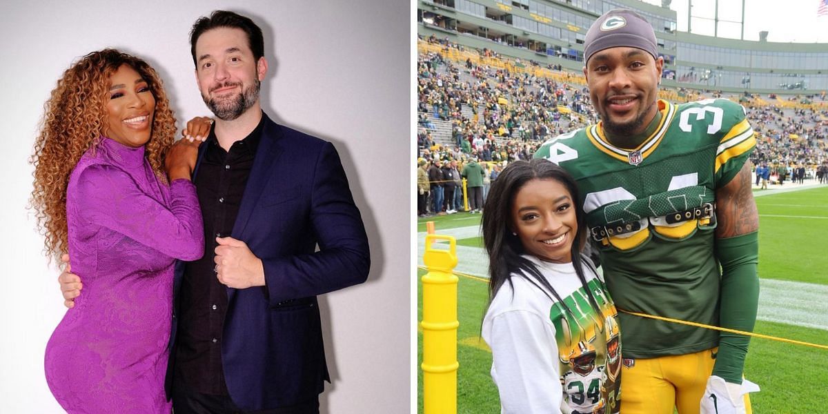 Serena Williams and husband Alexis Ohanian (L) and Simone Biles and husband Jonathan Owens (R)