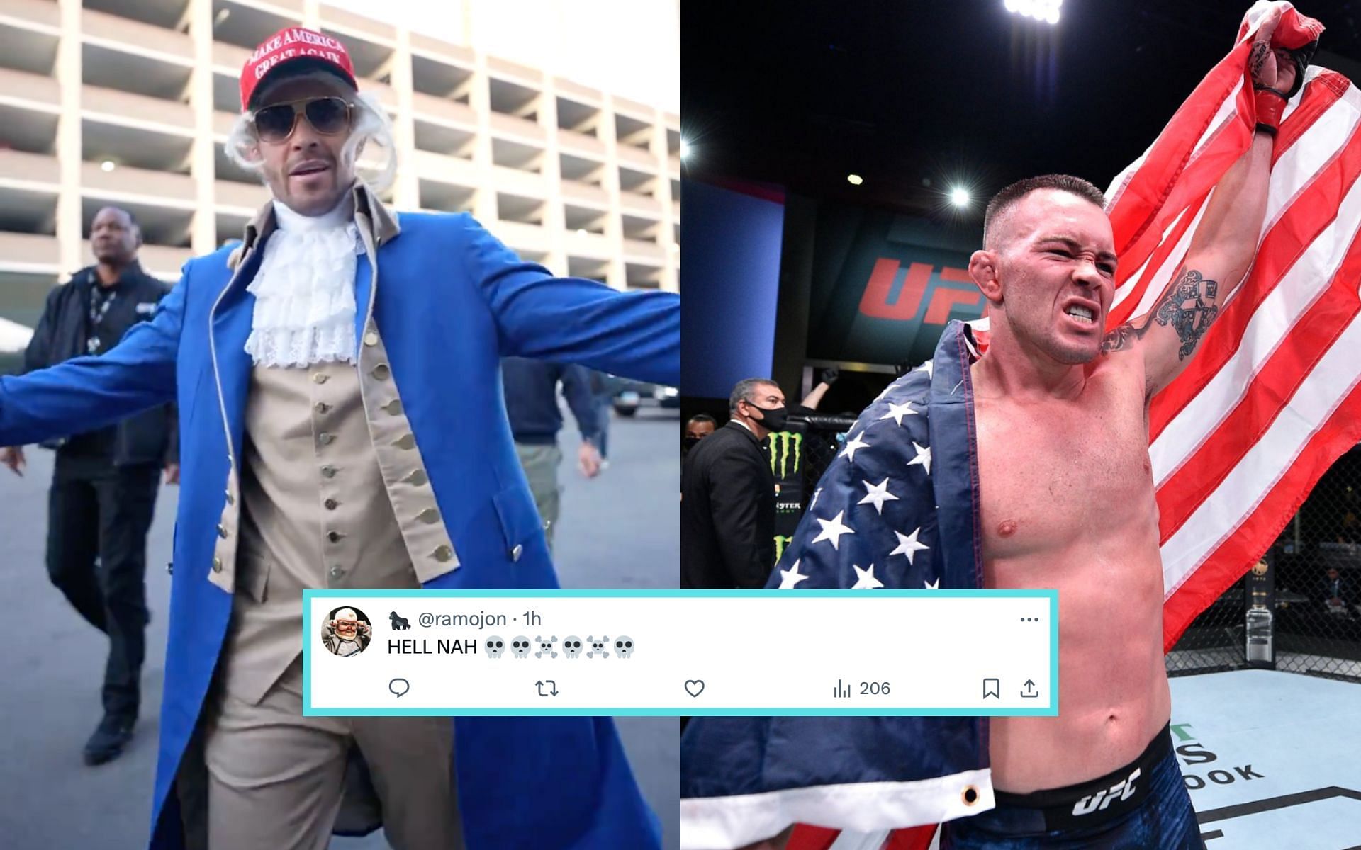 Colby Covington arriving to the UFC 296 press conference dressed as George Washington (left) [Photo Courtesy @UFCEurope and @ufc on X]