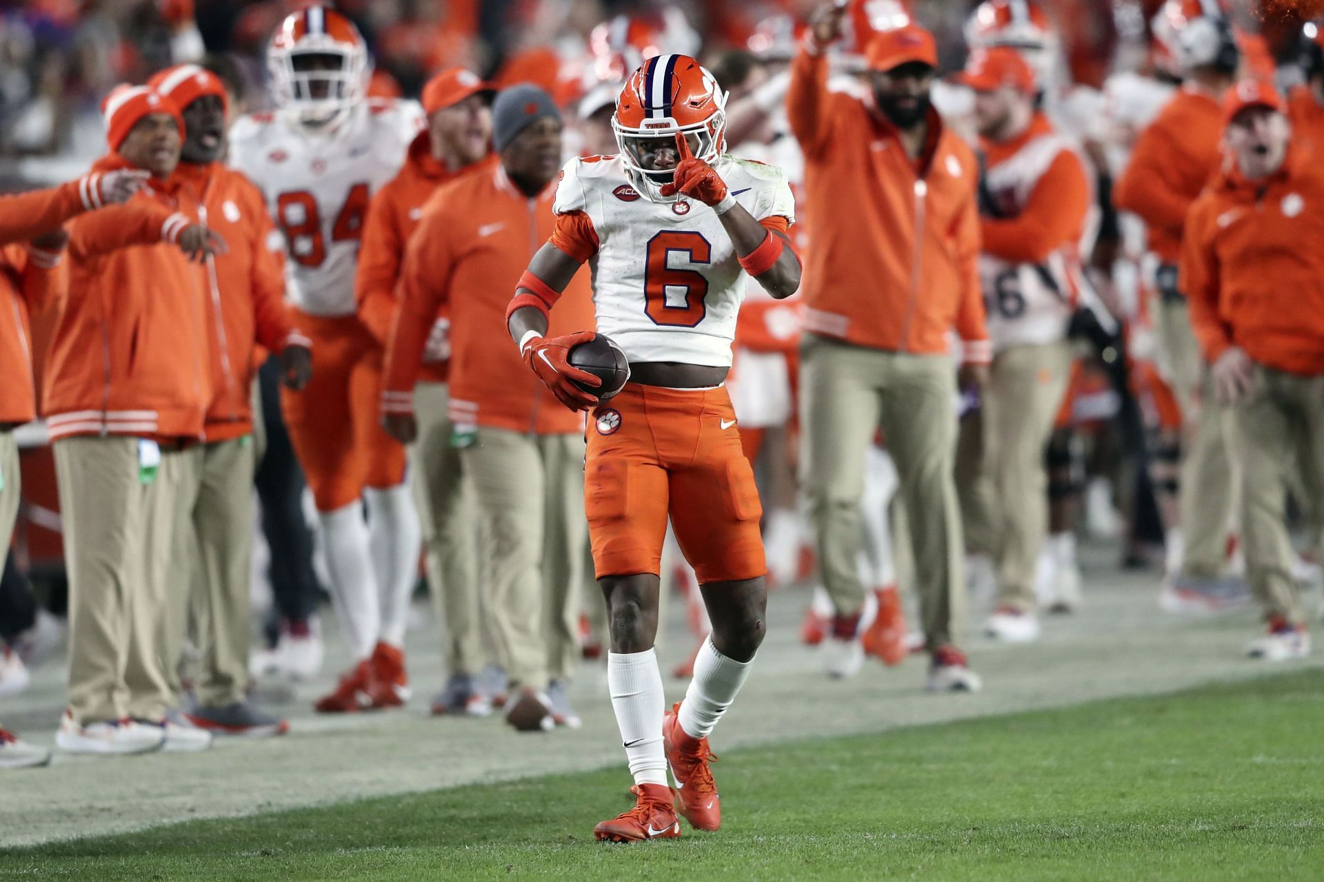 Clemson South Carolina Football: Clemson wide receiver Tyler Brown (6) signals a first down after his 39-yard reception during the second half of an NCAA college football game against South Carolina, Saturday, Nov. 25, 2023, in Columbia, S.C. (AP Photo/Artie Walker Jr.)