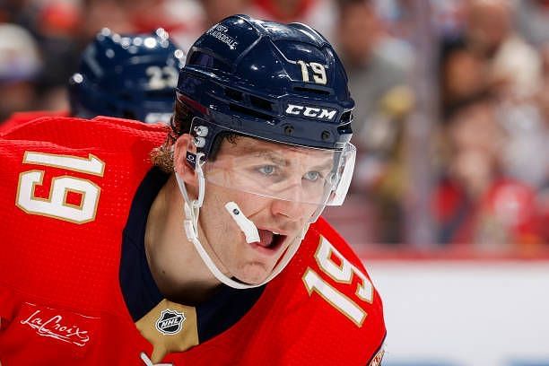Matthew Tkachuk of the Florida Panthers prepares for a face-off against the Vegas Golden Knights at the Amerant Bank Arena on December 23, 2023 in...