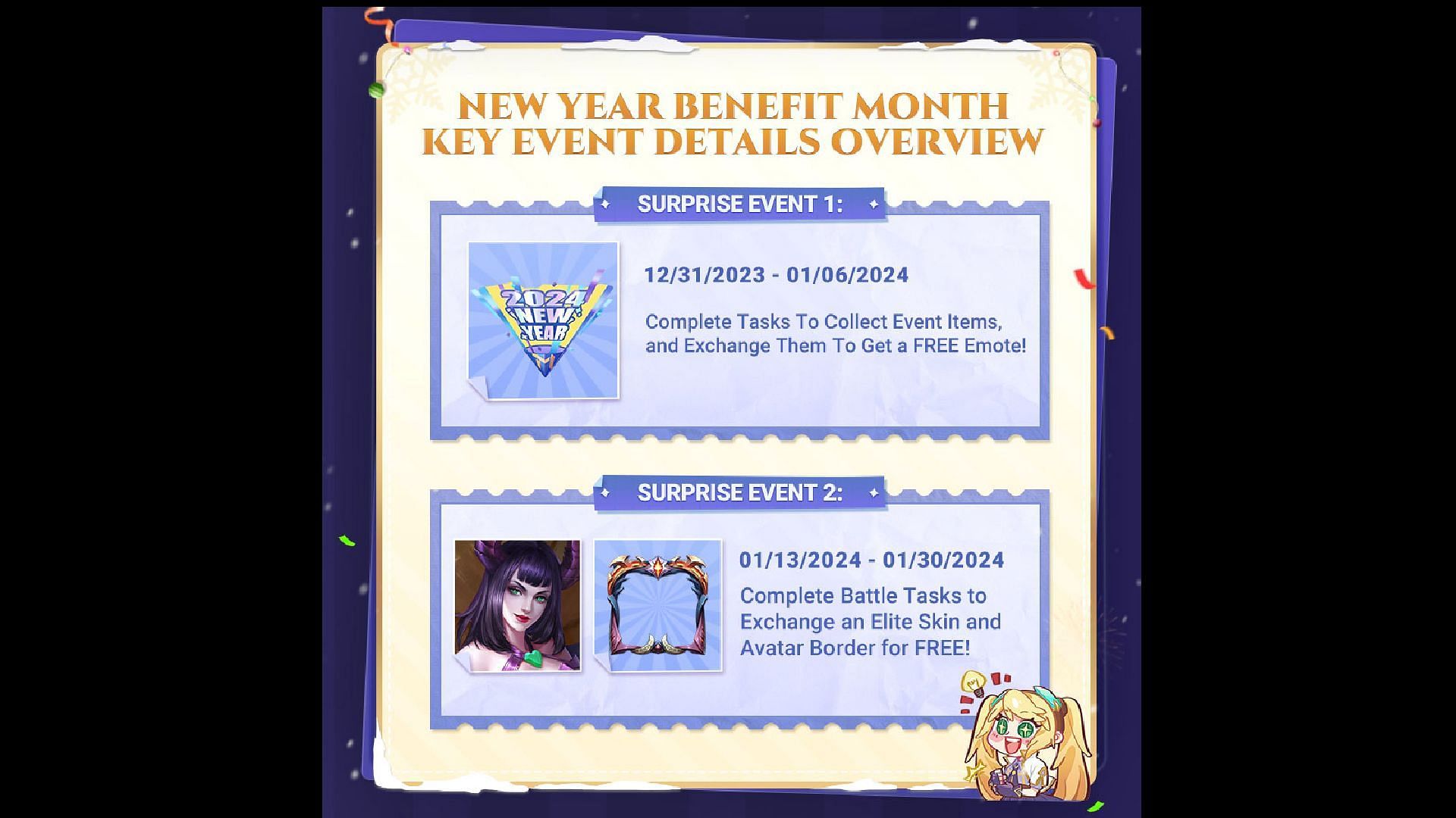 The first and second surprise events of the New Year Benefit Month in MLBB (Image via Moonton Games)