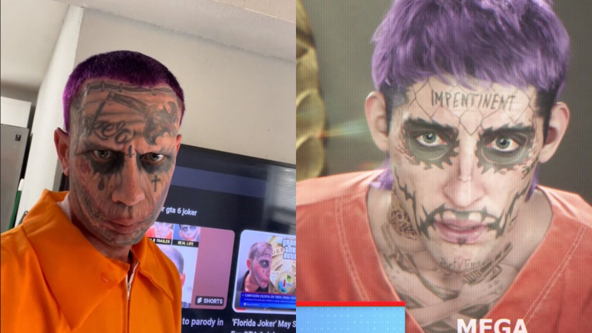 The Florida Joker&rsquo;s new look and the Grand Theft Auto 6 trailer character (Images via TikTok/@lawrence.sullivan0, Rockstar Games)