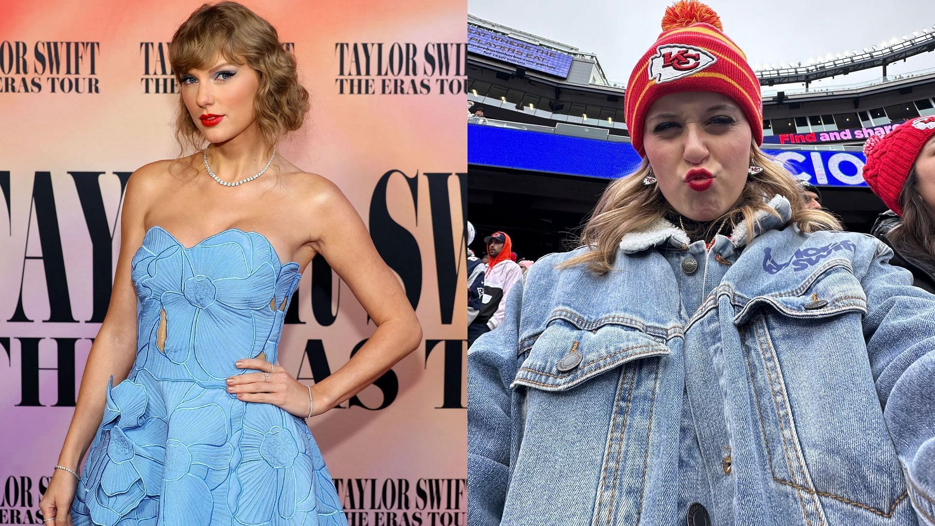 A fan named Sara was verbally bullied for wearing Kansas City Chiefs gear and an official Taylor Swift denim jacket to the Week 15 Chiefs-Patriots game at Gillette Stadium. (Image credit: @cleantvv on Twitter)