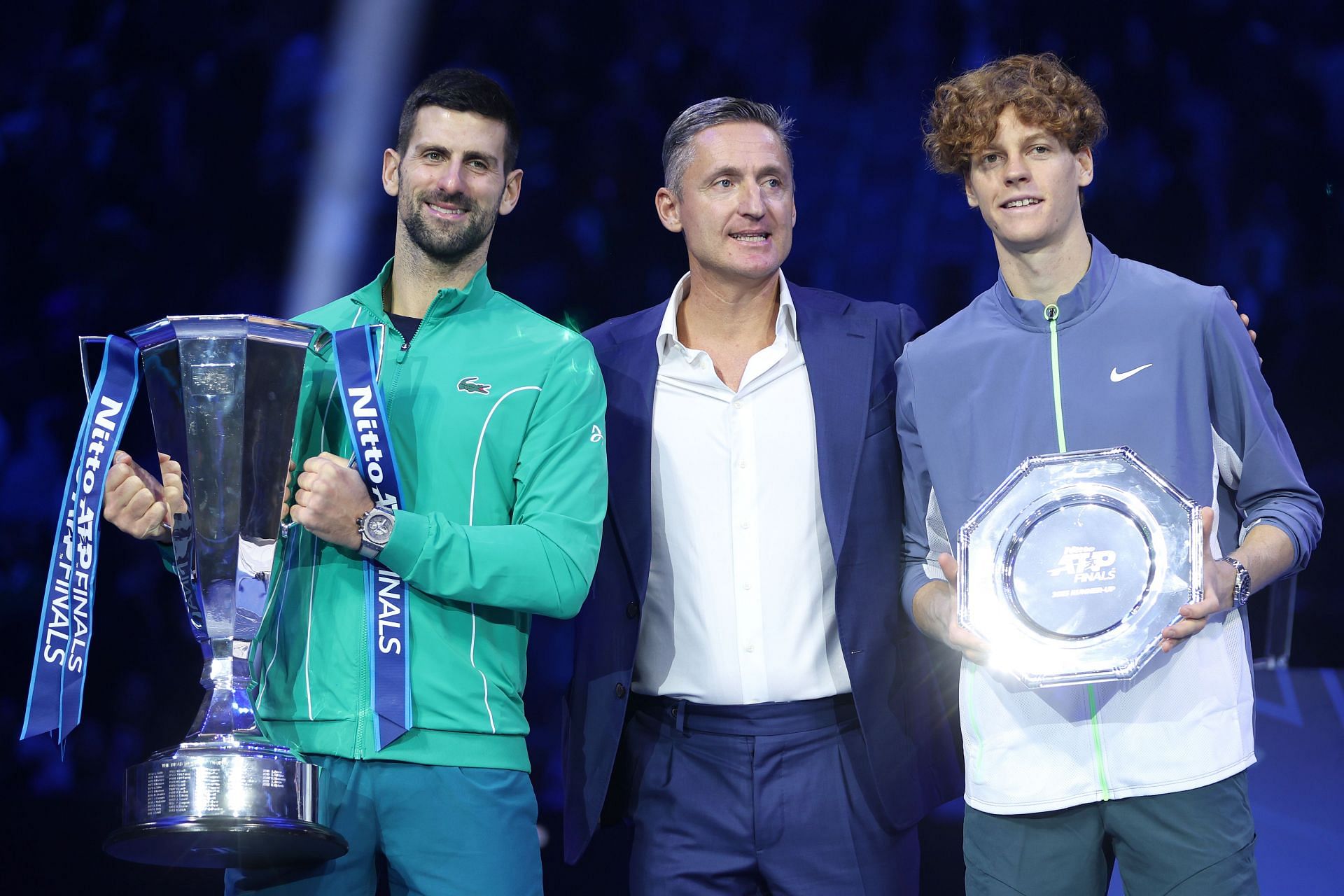 Novak Djokovic and Jannik Sinner at the 2023 Nitto ATP Finals.