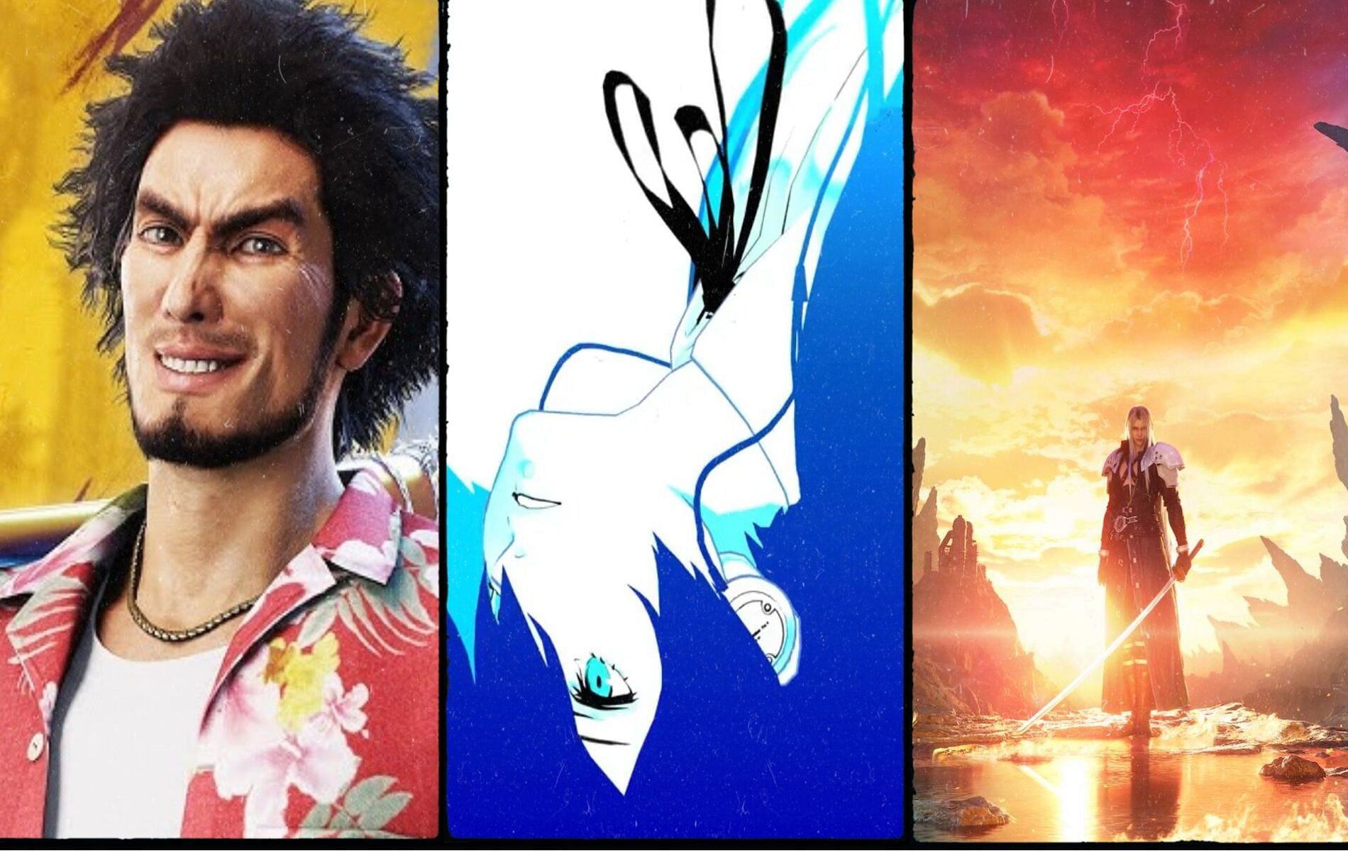Screenshot and cover art from Yakuza Infinite Wealth, Persona 3 Reload and Final Fantasy 7 Rebirth