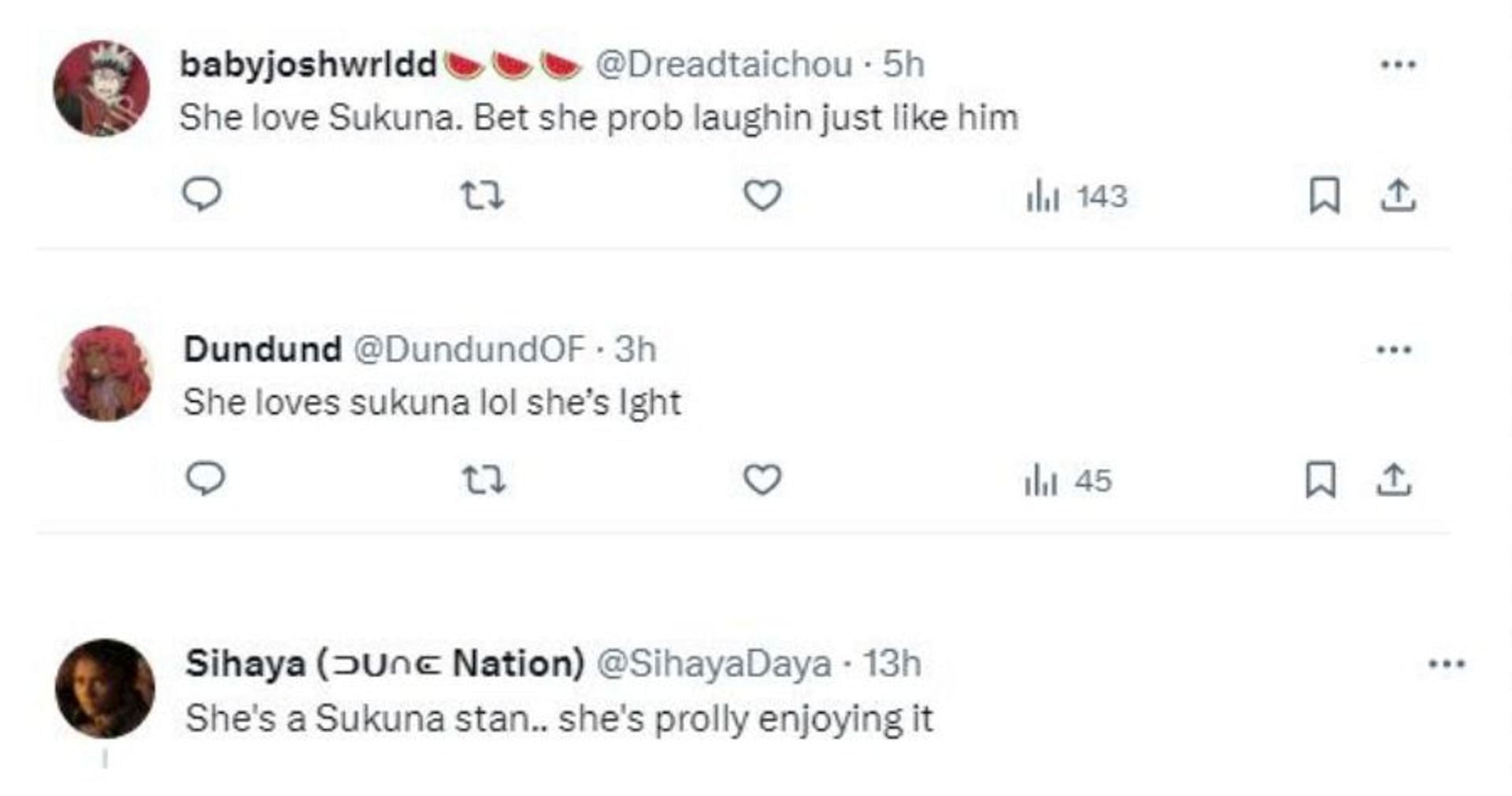 Fans supporting the fact that Megan is a Sukuna fan on X (Image via Sportskeeda)