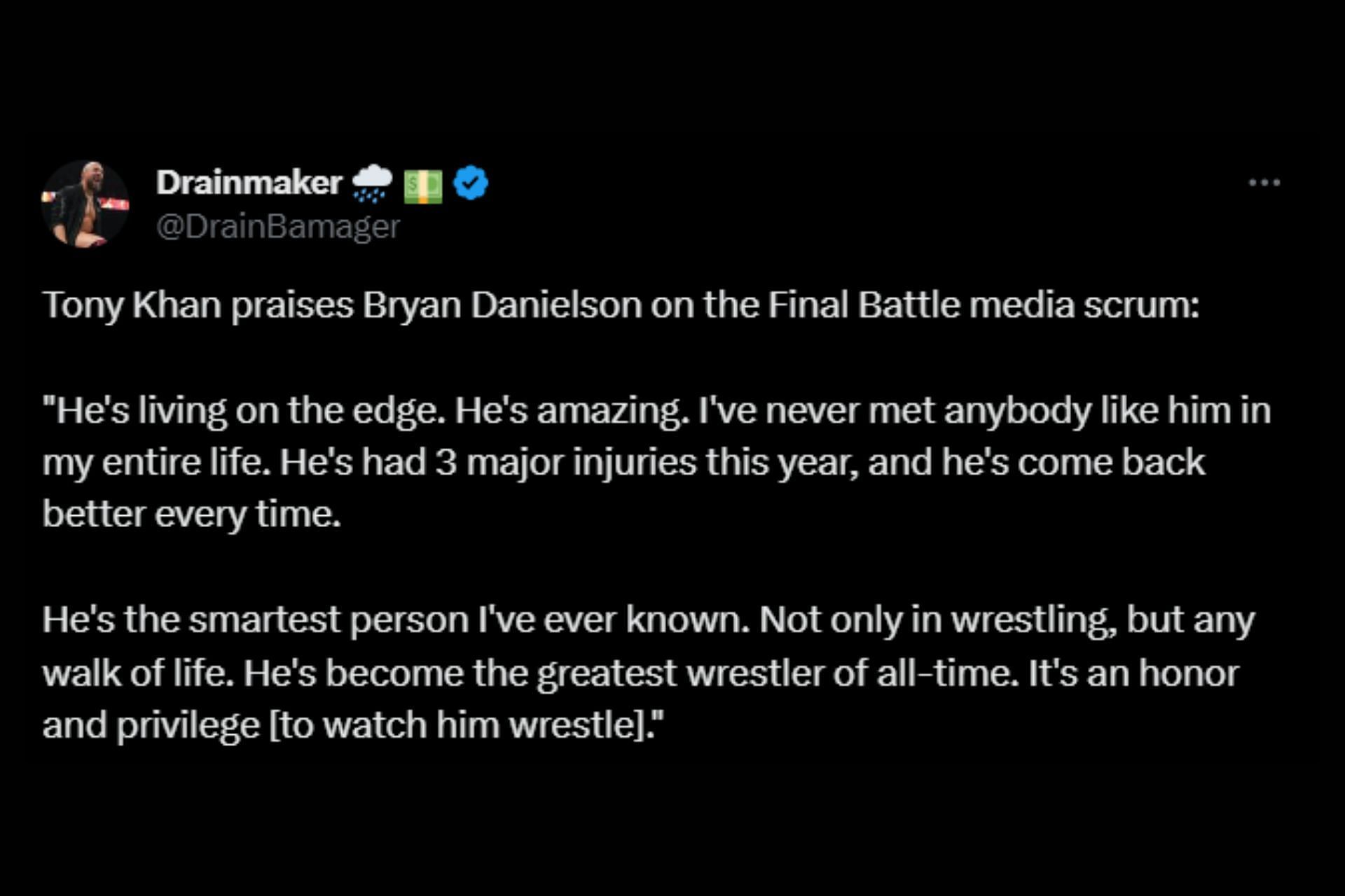 Tony Khan has only good things to say about Bryan Danielson