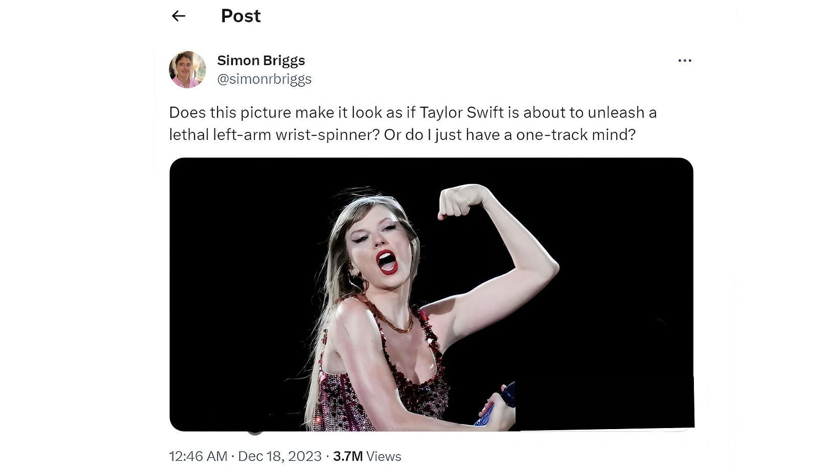 Taylor Swift in a bowler&#039;s stance (Image via @TelegraphUK)