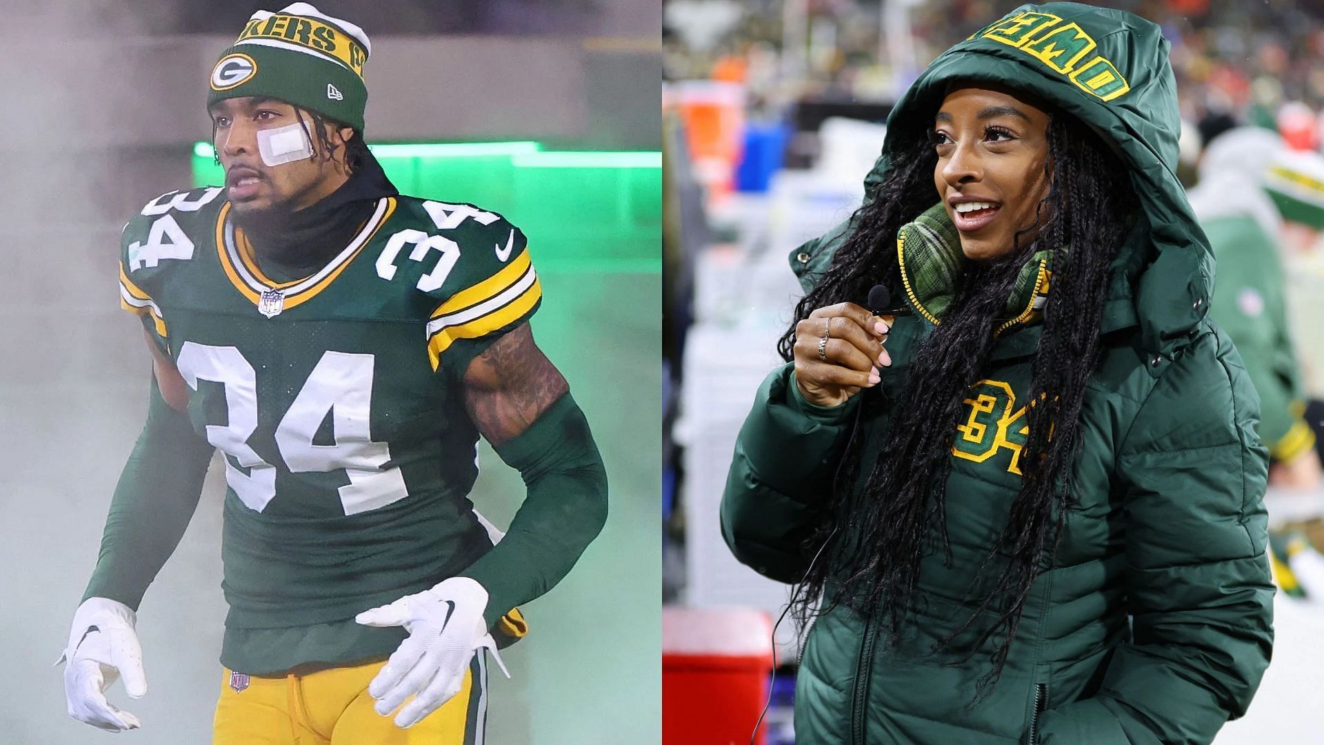 Green Bay Packers safety Jonathan Owens and bemedalled gymnast Simone Biles