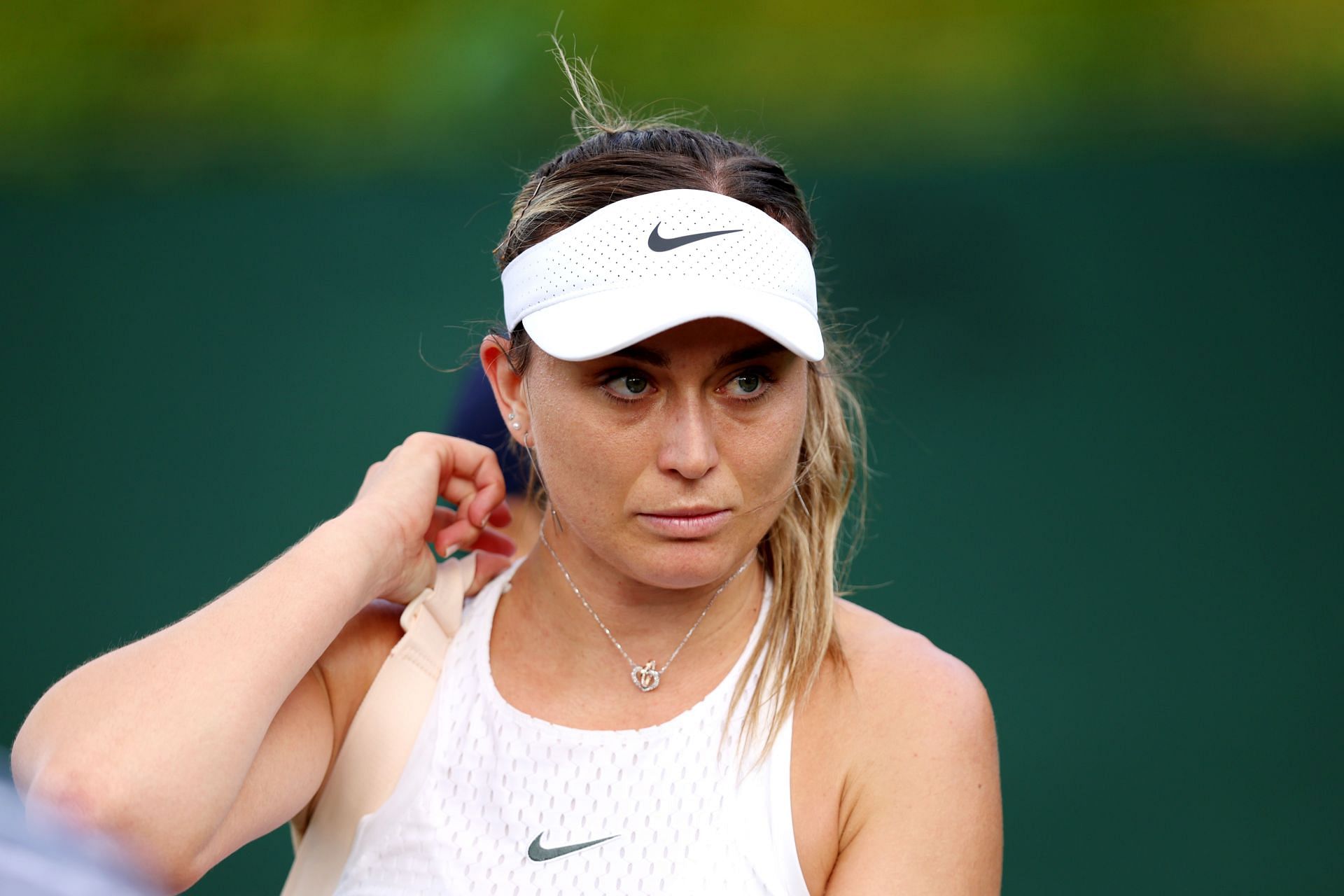 Paula Badosa of Spain looks on against Alison Riske-Amritraj of United States in the Women&#039;s Singles first round match on day three of The Championships Wimbledon 2023