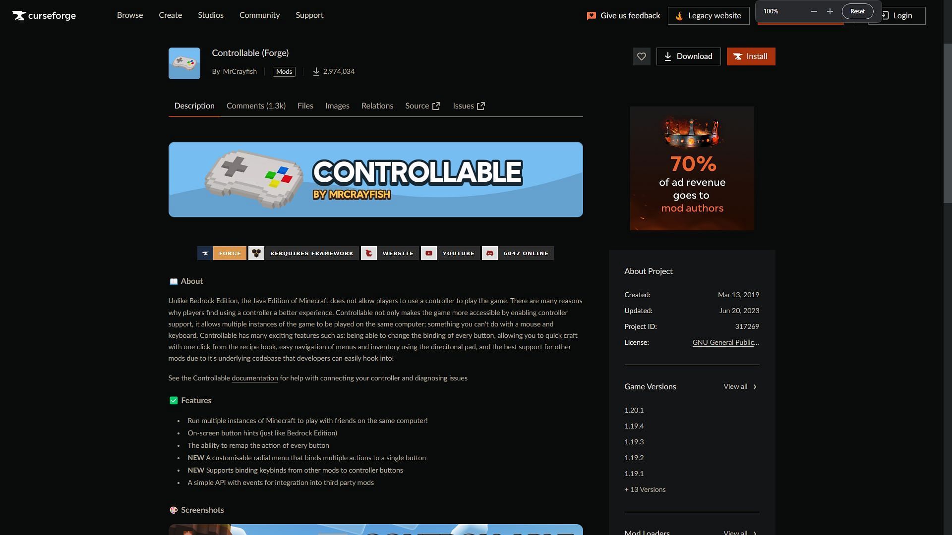 Controllable mod for Minecraft Java Edition can be downloaded from CurseForge website (Image via CurseForge)