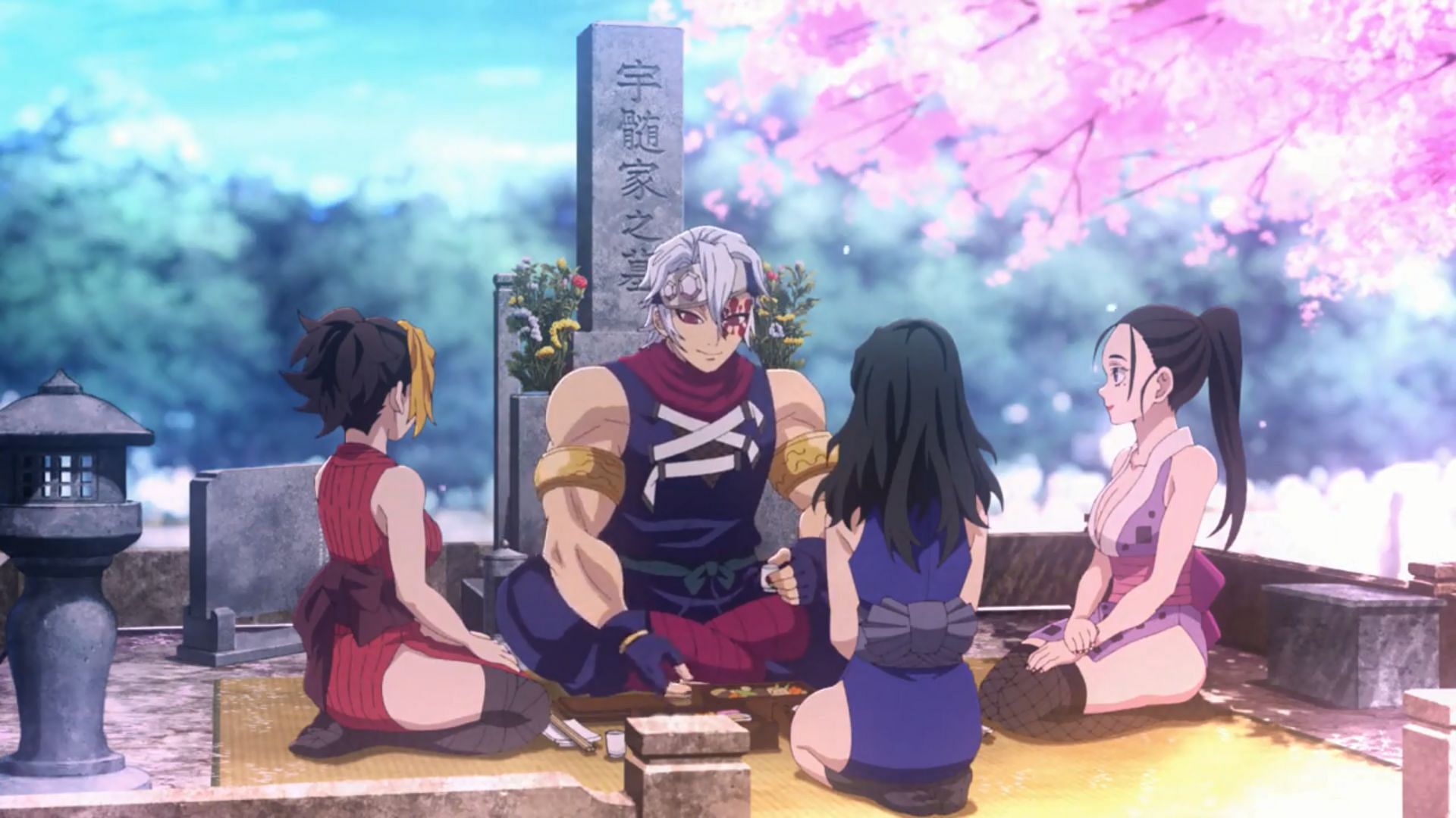 Tengen with his three wives at his family&#039;s grave (Image via Ufotable)