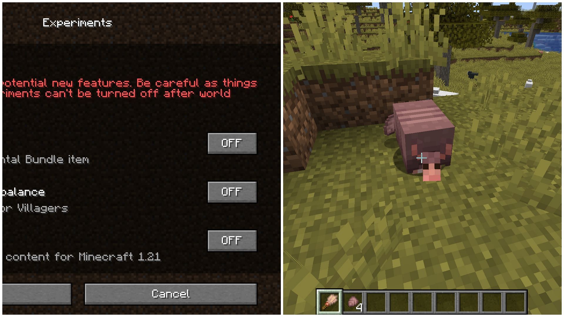 Even though the Minecraft 1.21 experiment toggle isn&#039;t active, players can find armadillos in a world (Image via Mojang)