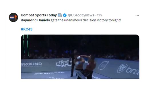 Tweet regarding Raymond Daniels' win at KC 43