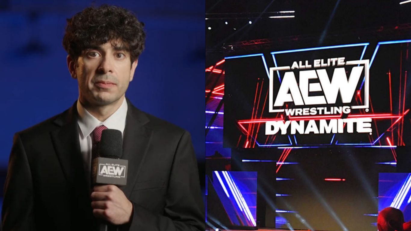 Tony Khan (left), AEW arena (right)