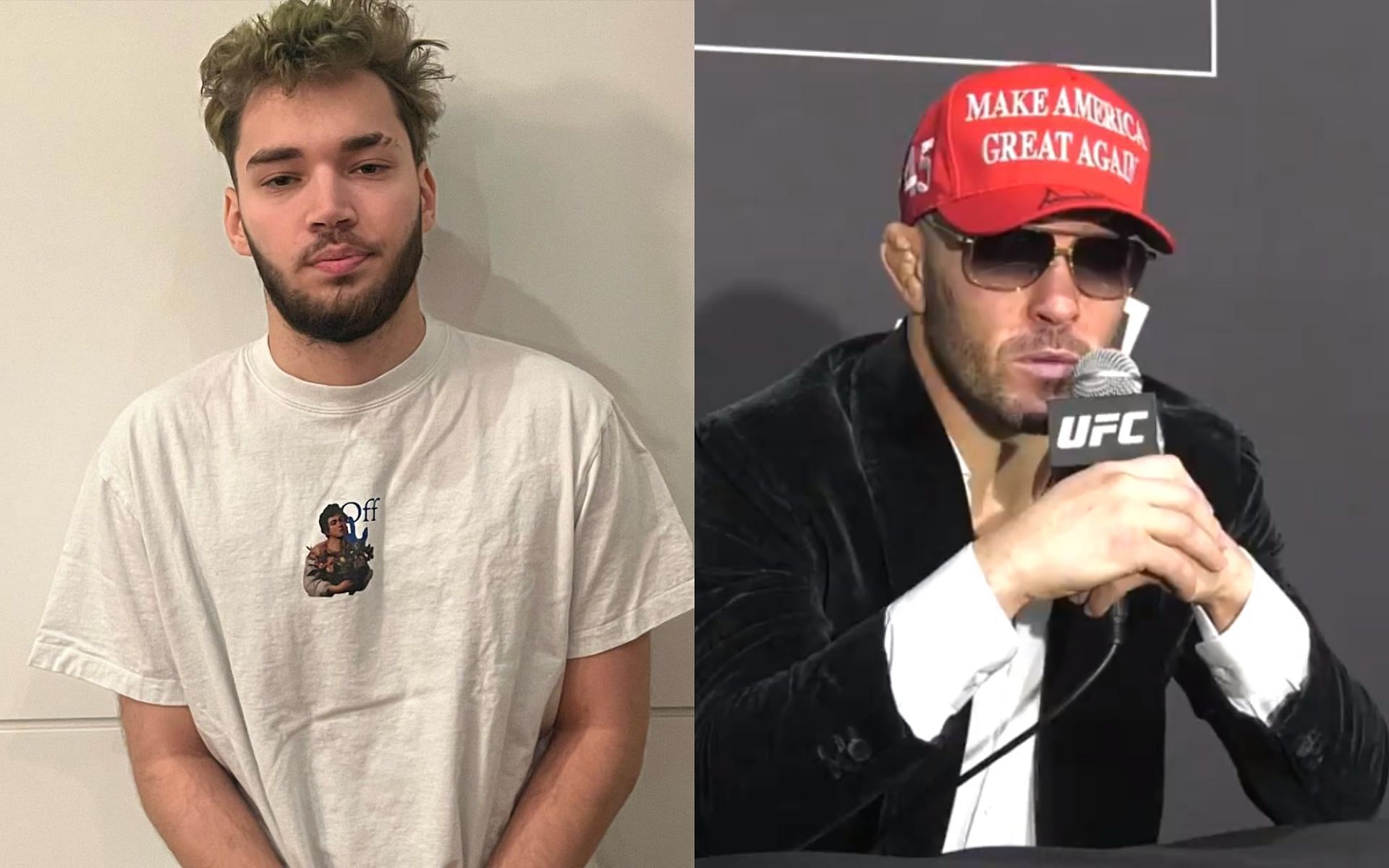 Adin Ross (left) and Colby Covington at the post fight press conference (right) (Images courtesy @adinross on Instagram and @MMAFighting on X)