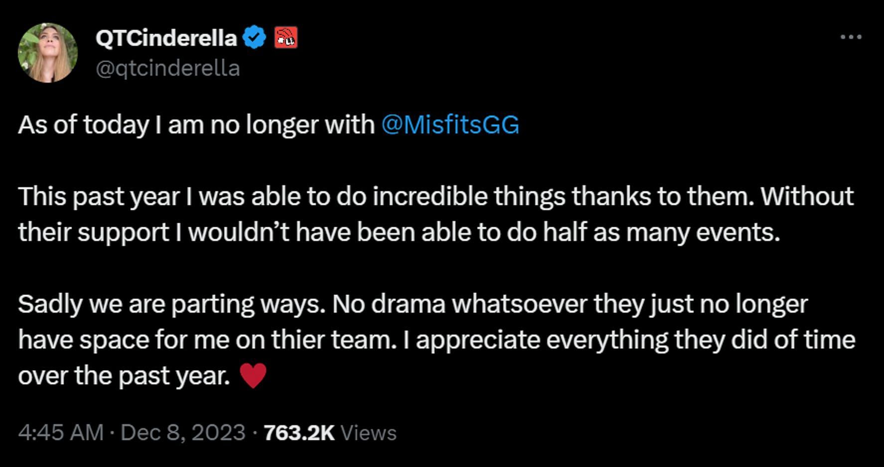 No drama whatsoever - QTCinderella announces her departure from Misfits  Gaming, leaves fans shocked