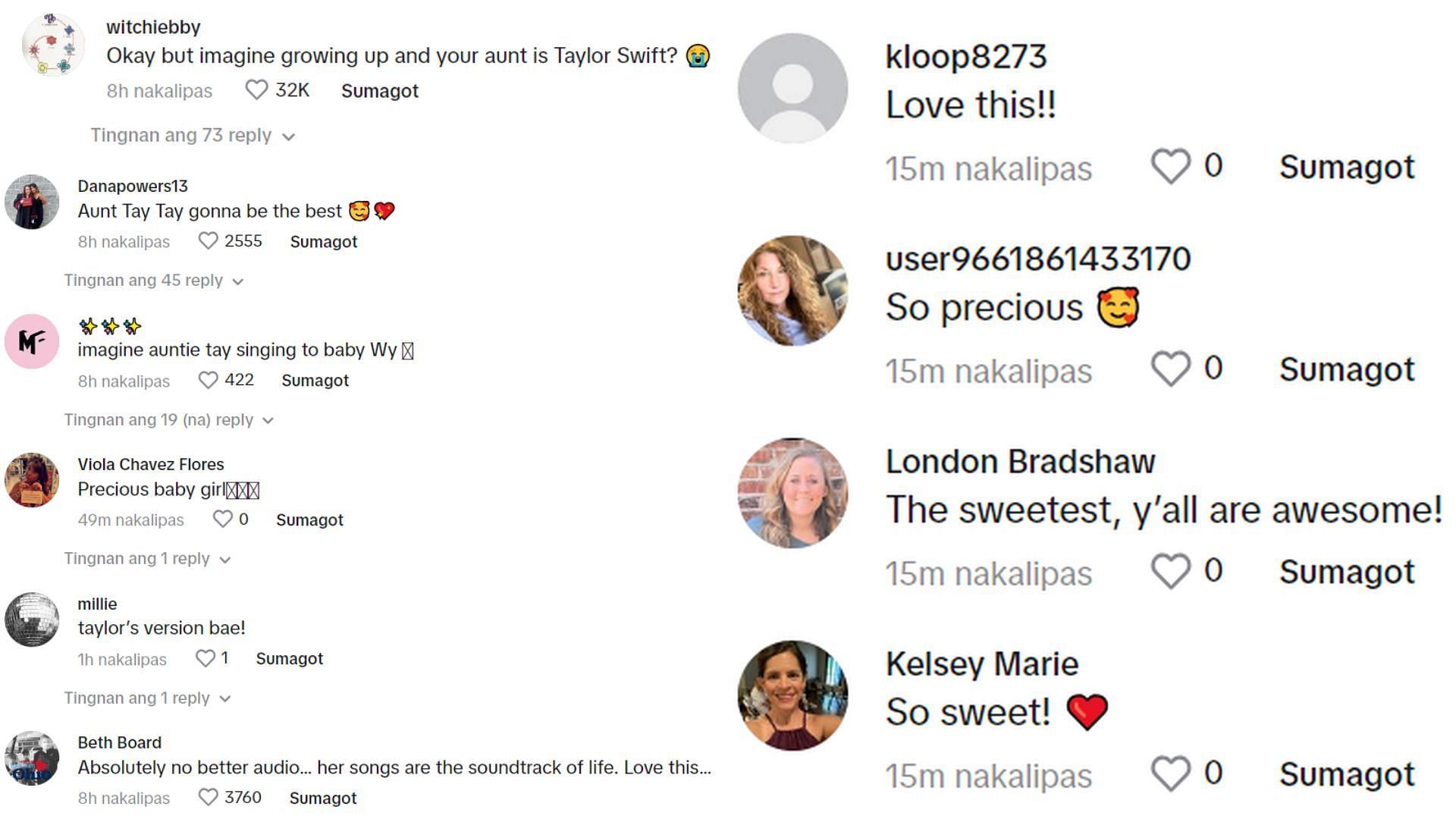 Comments to the TikTok video of Kylie Kelce&#039;s children with Taylor Swift&#039;s music in the background