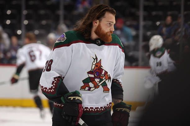 Liam O&#039;Brien of the Arizona Coyotes skates prior to the game against the Colorado Avalanche at Ball Arena on December 23, 2023 in Denver, Colorado....